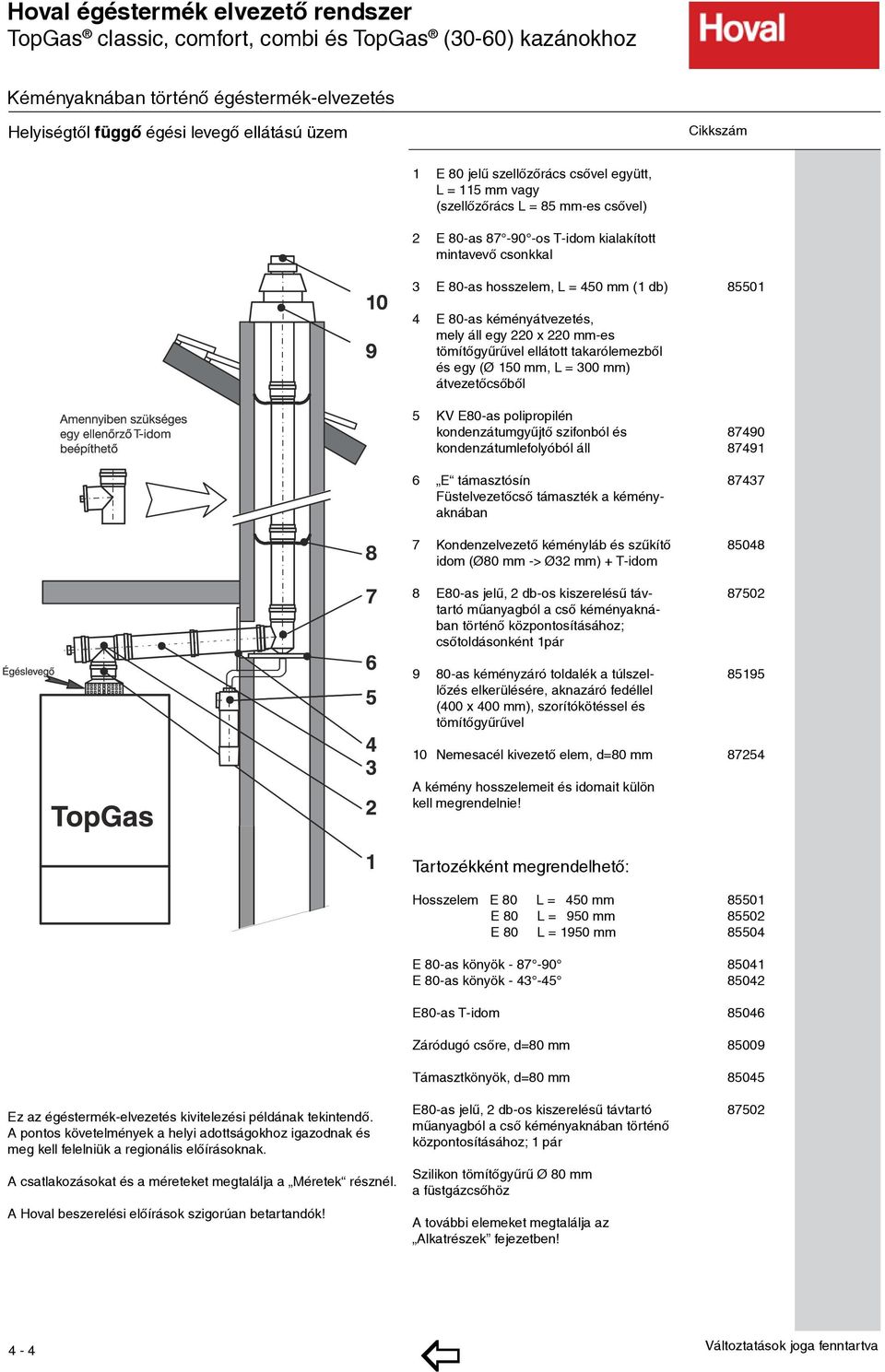 tömítõgyûrûvel ellátott takarólemezbõl és egy (Ø 150 mm, L = 300 mm) átvezetõcsõbõl 5 KV E80-as polipropilén kondenzátumgyűjtő szifonból és kondenzátumlefolyóból áll 6 E támasztósín Füstelvezetőcső