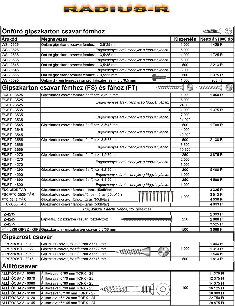 - 3545 Engedményes árak mennyiség függvényében: 3 000 WS - 3555 Önfúró gipszkartoncsavar fémhez - 3,5*55 mm 500 2 375 Ft WS - 3595 Önfúró d - fejű lemezcsavar profilrögzítéshez - 3,5*9,5 mm 1 000 963