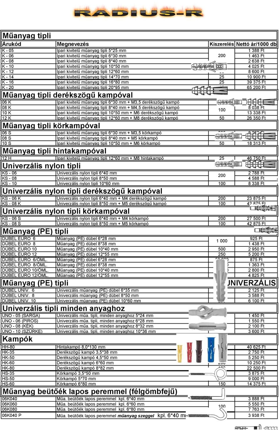 Ipari kivitelű műanyag tipli 16*80 mm 25 39 375 Ft K - 20 Ipari kivitelű műanyag tipli 20*95 mm 10 65 200 Ft Műanyag tipli derékszögű kampóval 06 K Ipari kivitelű műanyag tipli 6*30 mm + M3,5