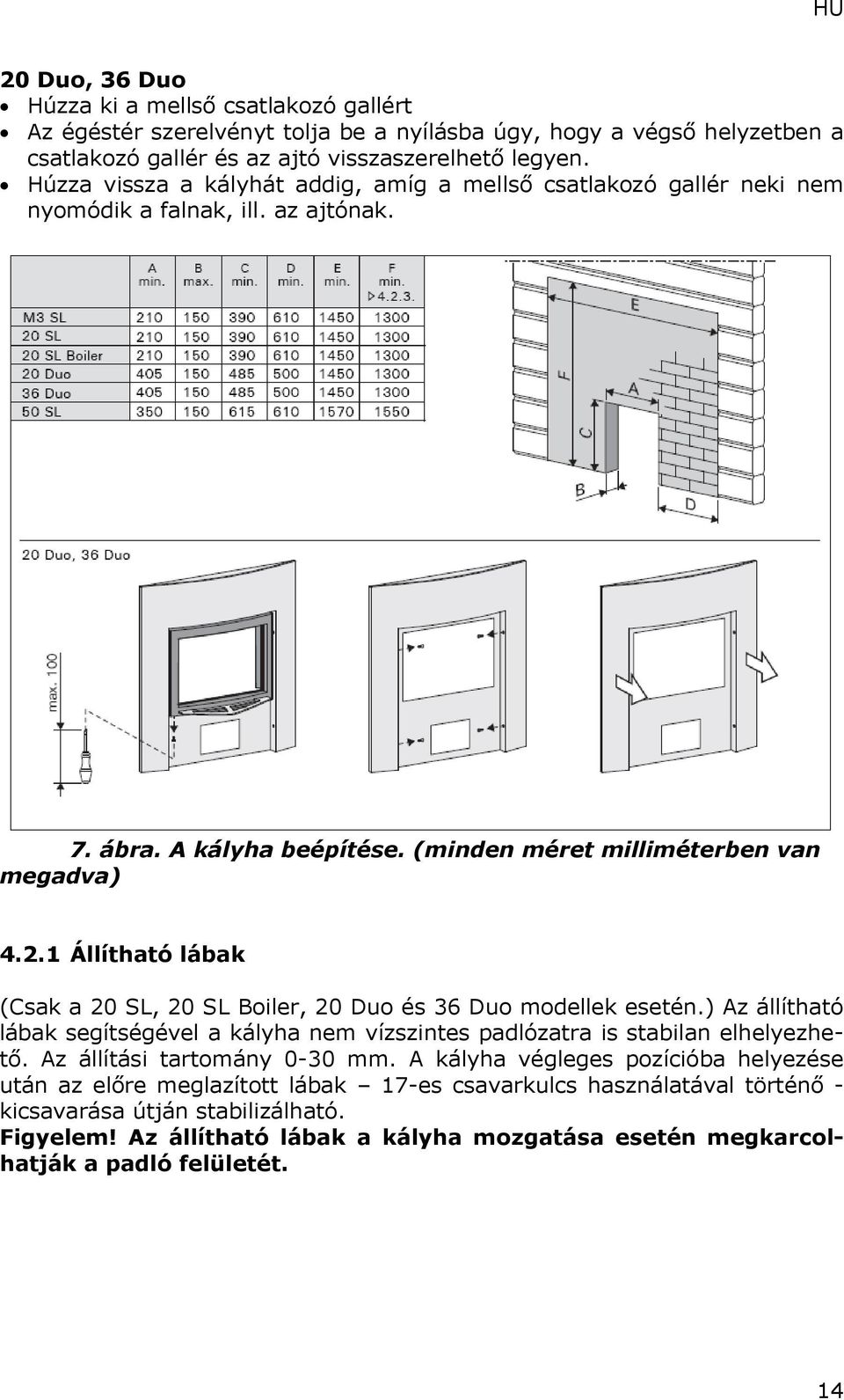 1 Állítható lábak (Csak a 20 SL, 20 SL Boiler, 20 Duo és 36 Duo modellek esetén.) Az állítható lábak segítségével a kályha nem vízszintes padlózatra is stabilan elhelyezhető.