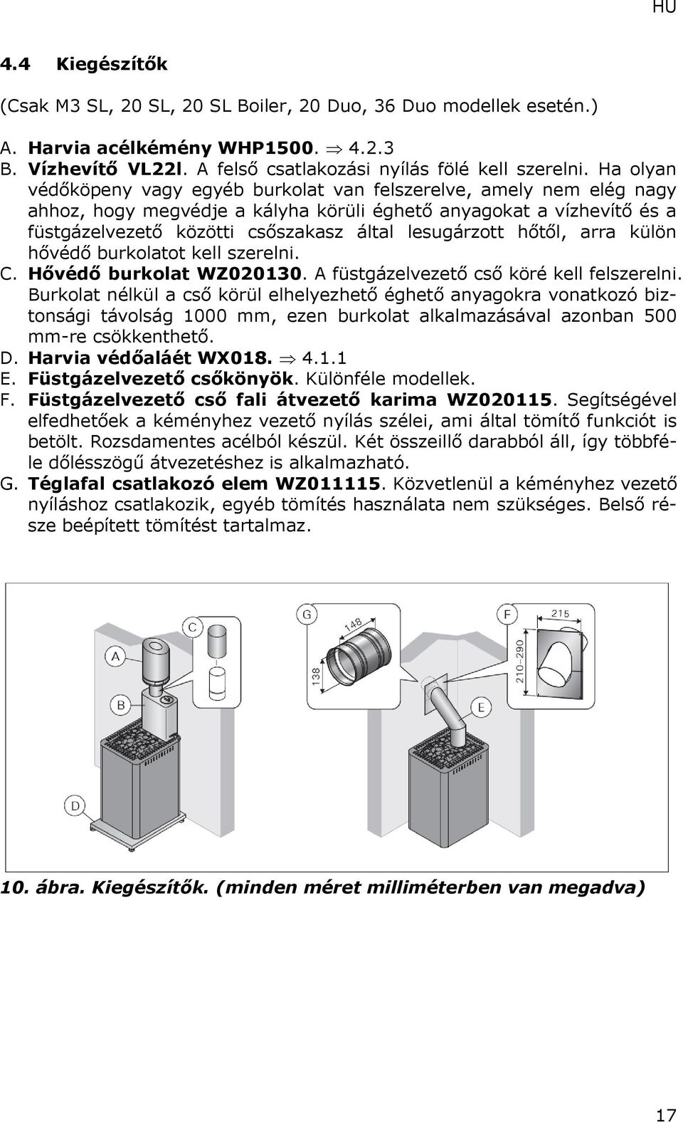 lesugárzott hőtől, arra külön hővédő burkolatot kell szerelni. C. Hővédő burkolat WZ020130. A füstgázelvezető cső köré kell felszerelni.