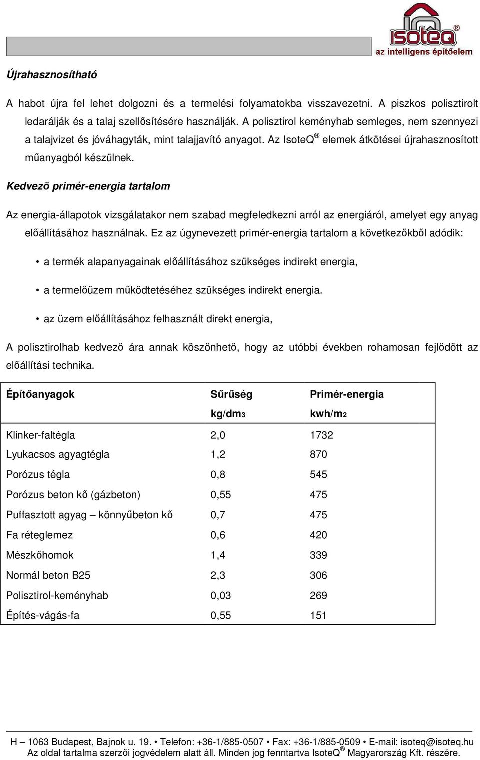 Kedvezı primér-energia tartalom Az energia-állapotok vizsgálatakor nem szabad megfeledkezni arról az energiáról, amelyet egy anyag elıállításához használnak.