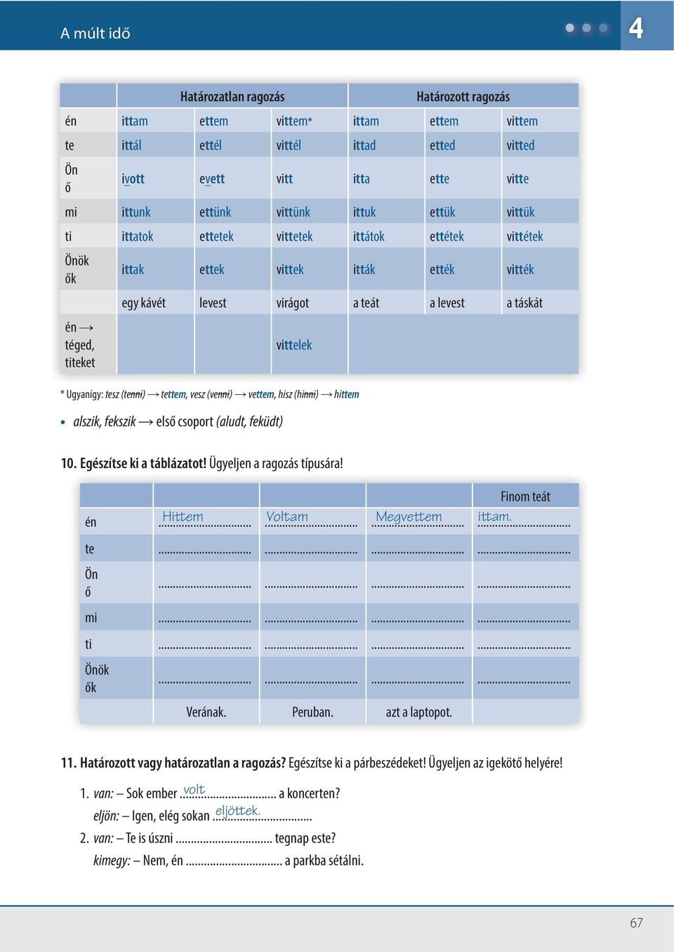 Ugyanígy: tesz (tenni) tettem, vesz (venni) vettem, hisz (hinni) hittem alszik, fekszik első csoport (aludt, feküdt) 10. Egészítse ki a táblázatot! Ügyeljen a ragozás típusára! Finom teát én... Hittem.