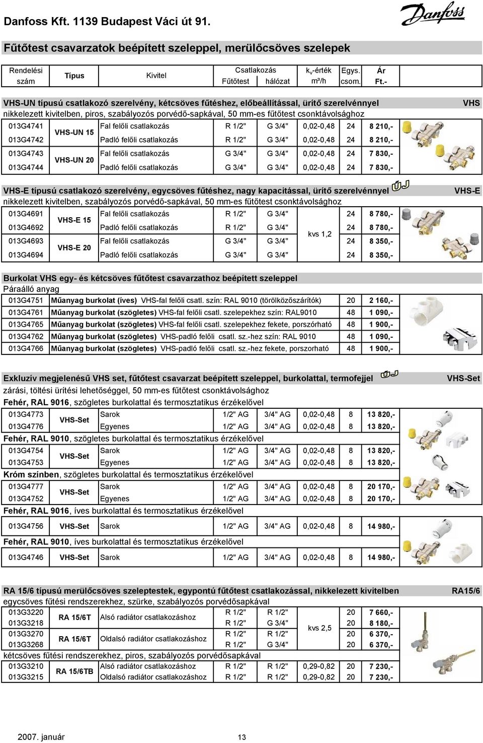 013G4741 VHS-UN 15 Fal felőli csatlakozás R 1/2" G 3/4" 0,02-0,48 24 8 210,- 013G4742 Padló felőli csatlakozás R 1/2" G 3/4" 0,02-0,48 24 8 210,- 013G4743 VHS-UN 20 Fal felőli csatlakozás G 3/4" G