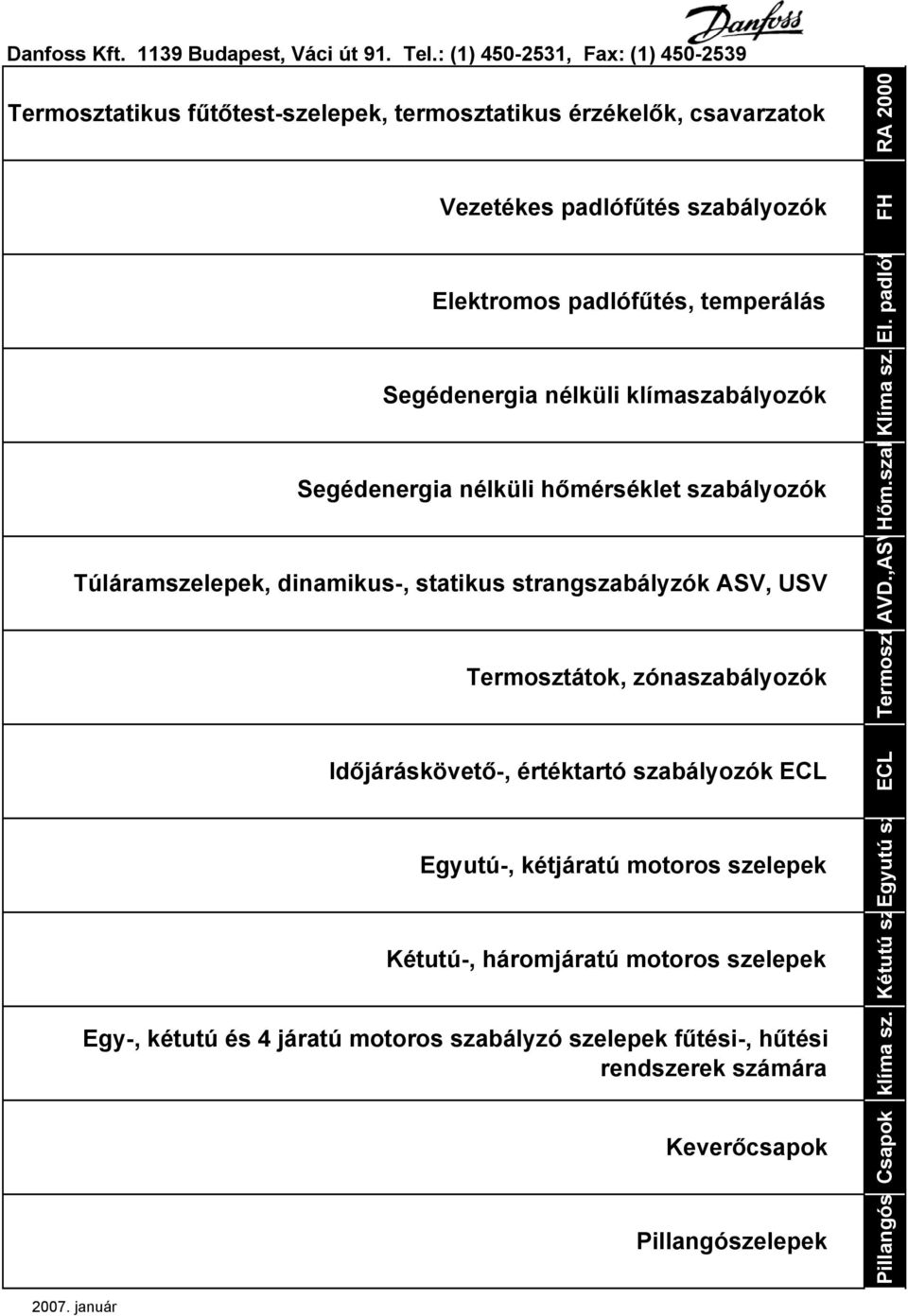 Segédenergia nélküli klímaszabályozók Segédenergia nélküli hőmérséklet szabályozók Túláramszelepek, dinamikus-, statikus strangszabályzók ASV, USV AVD.,ASV Hőm.szab Klíma sz. El.