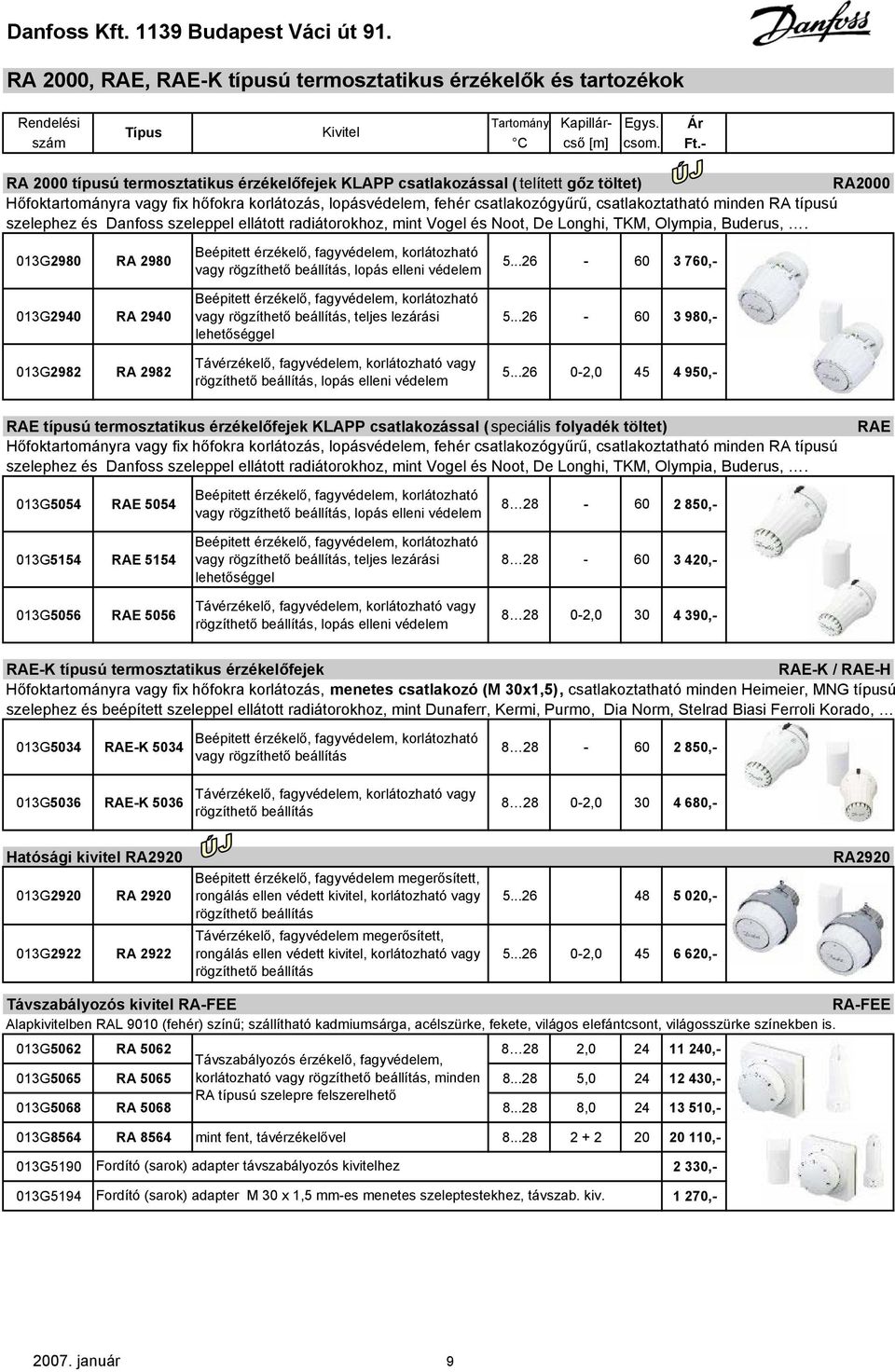 minden RA típusú szelephez és Danfoss szeleppel ellátott radiátorokhoz, mint Vogel és Noot, De Longhi, TKM, Olympia, Buderus,.