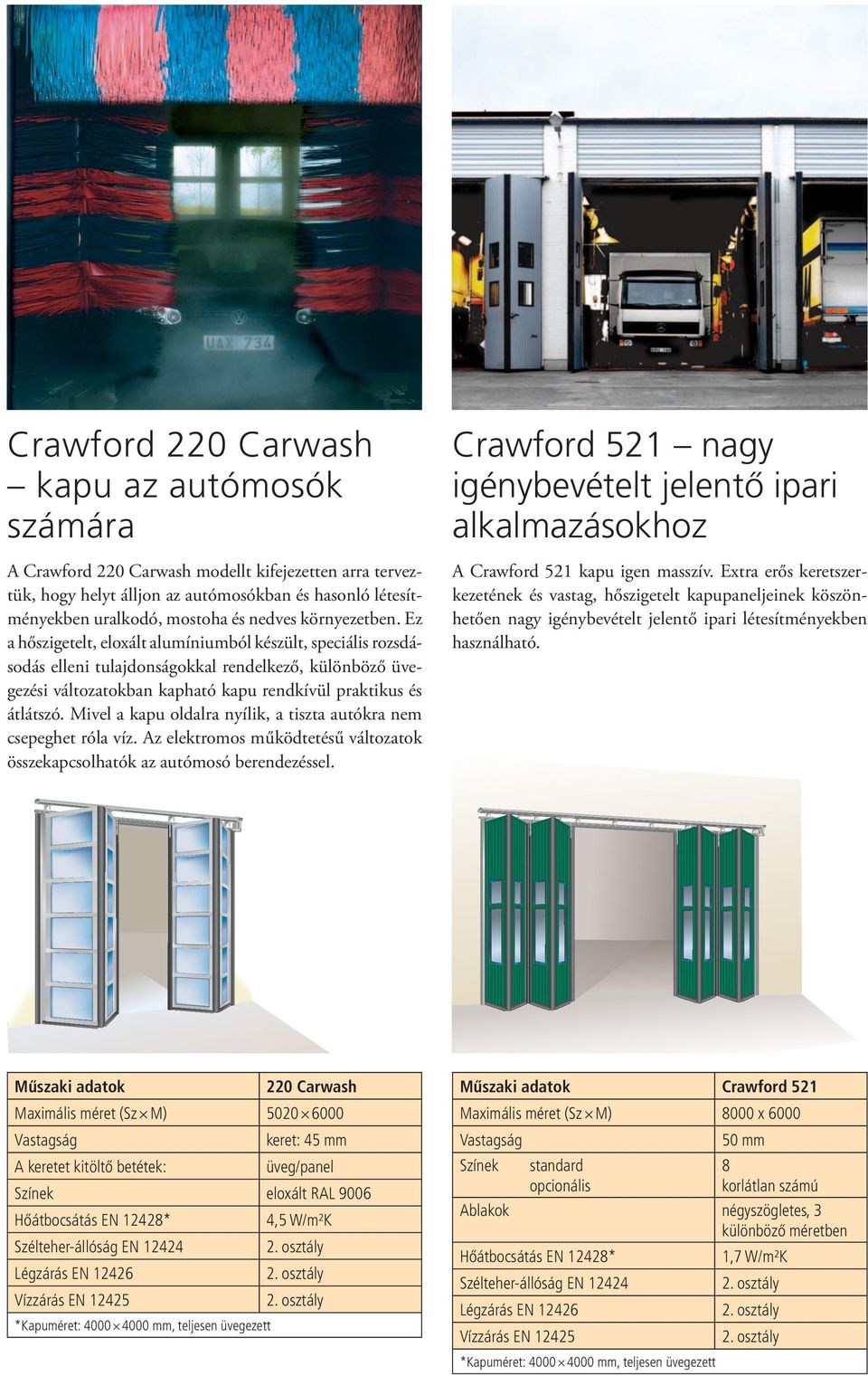 Mivel a kapu oldalra nyílik, a tiszta autókra nem csepeghet róla víz. Az elektromos működtetésű változatok összekapcsolhatók az autómosó berendezéssel.