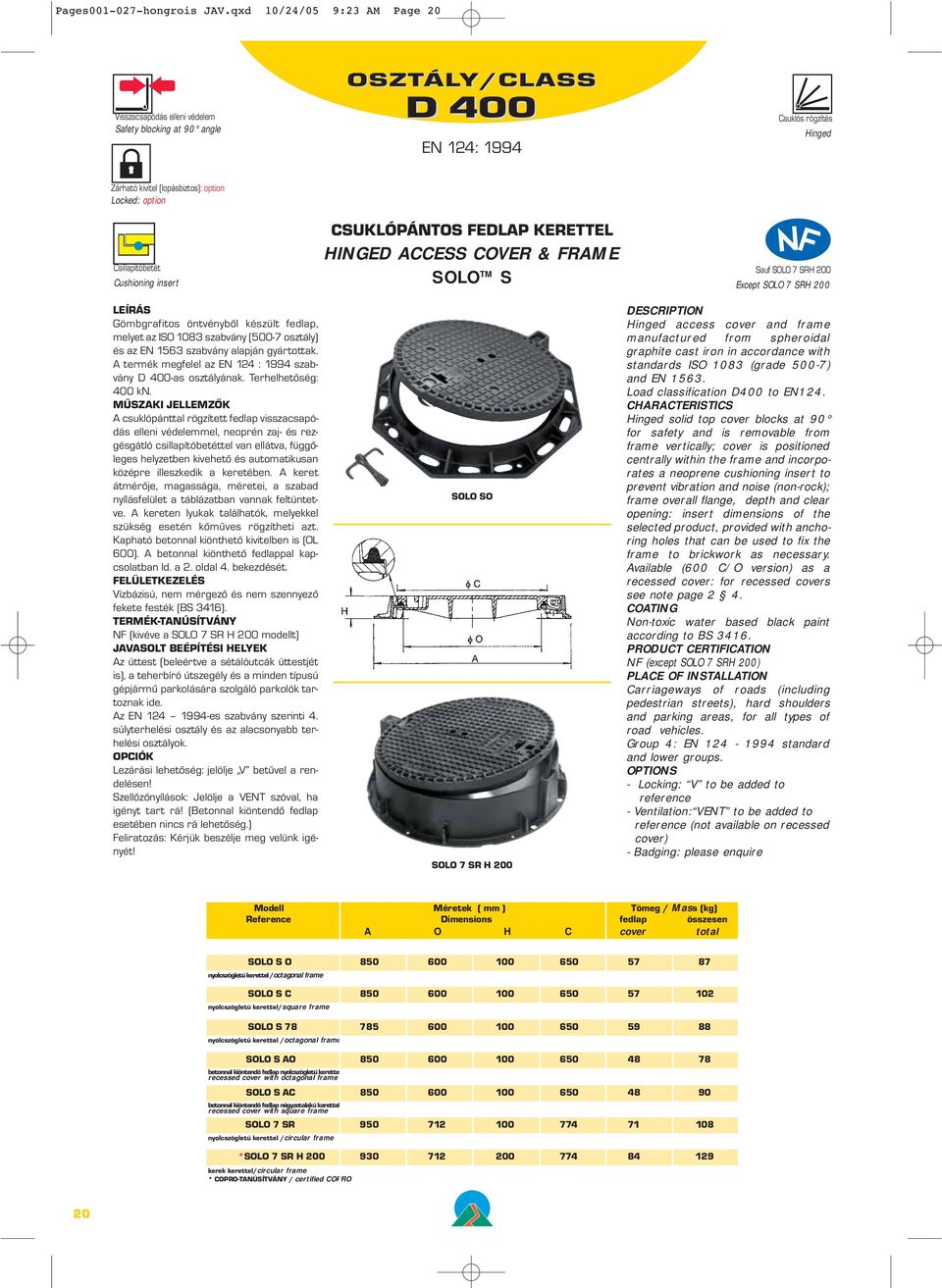 FEDLAP KERETTEL HINGED ACCESS COVER & FRAME SOLO TM S Sauf SOLO 7 SRH 200 Except SOLO 7 SRH 200 -as osztályának.