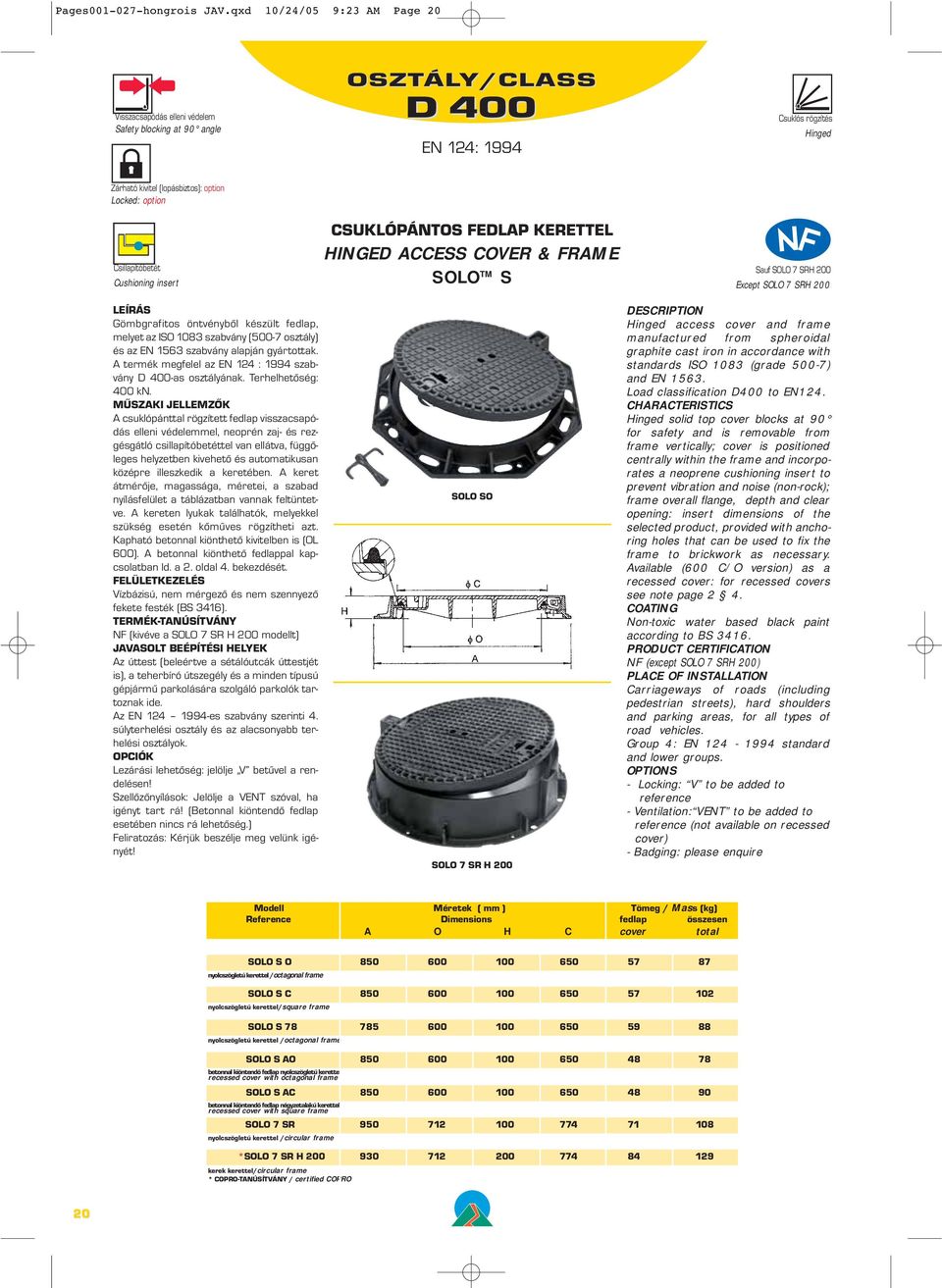 FEDLAP KERETTEL HINGED ACCESS COVER & FRAME SOLO TM S Sauf SOLO 7 SRH 200 Except SOLO 7 SRH 200 -as osztályának.