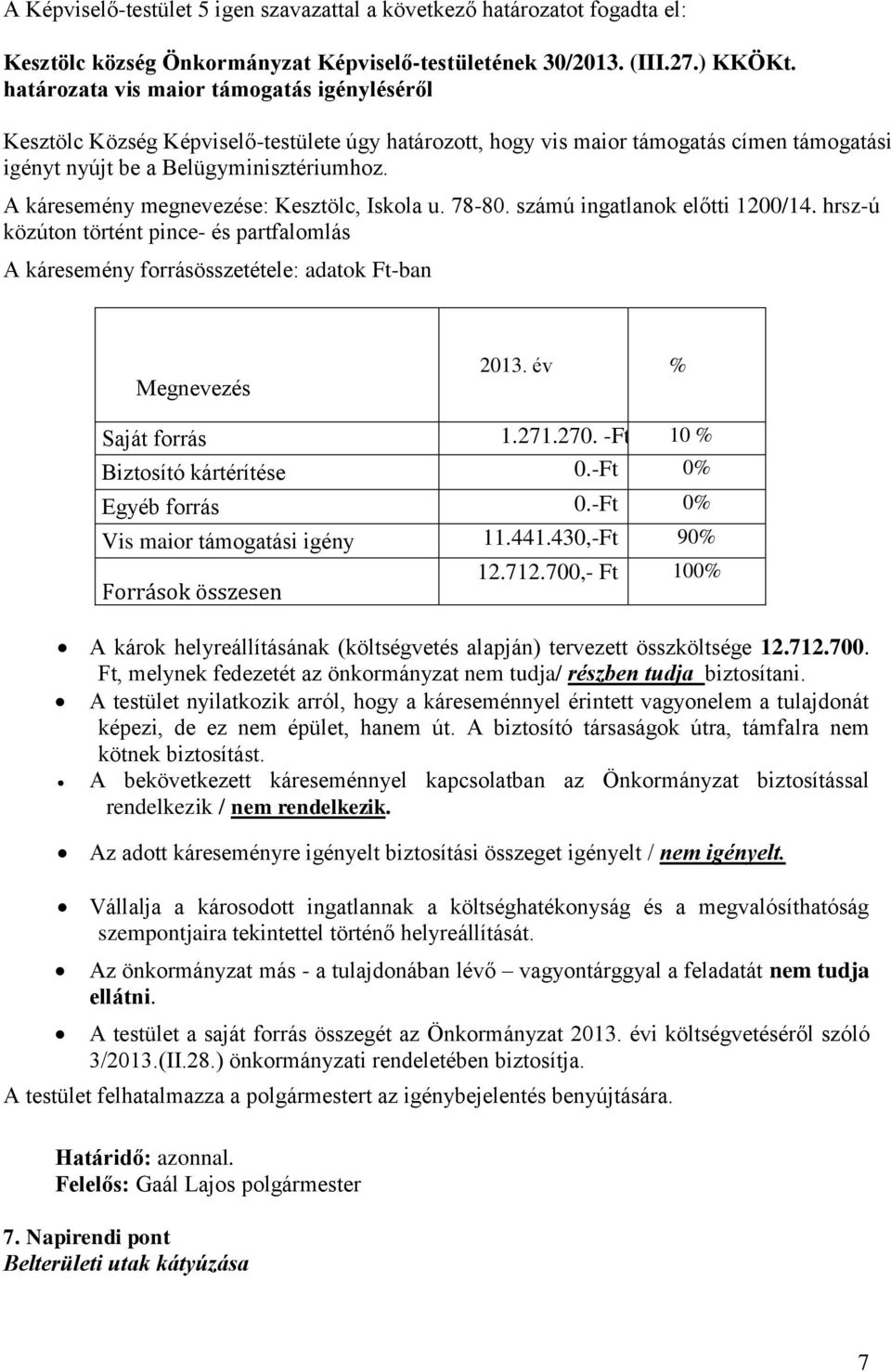 A káresemény megnevezése: Kesztölc, Iskola u. 78-80. számú ingatlanok előtti 1200/14. hrsz-ú közúton történt pince- és partfalomlás A káresemény forrásösszetétele: adatok Ft-ban Megnevezés 2013.