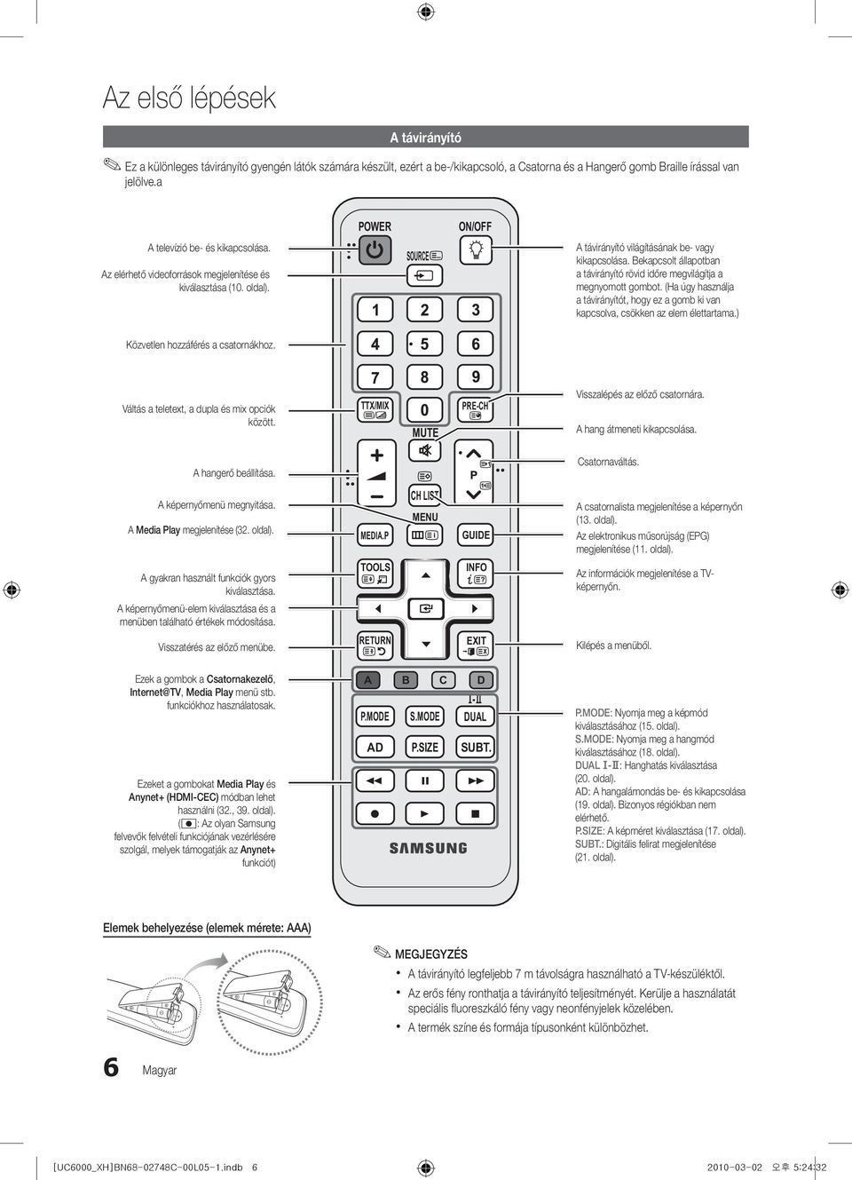 Bekapcsolt állapotban a távirányító rövid időre megvilágítja a megnyomott gombot. (Ha úgy használja a távirányítót, hogy ez a gomb ki van kapcsolva, csökken az elem élettartama.