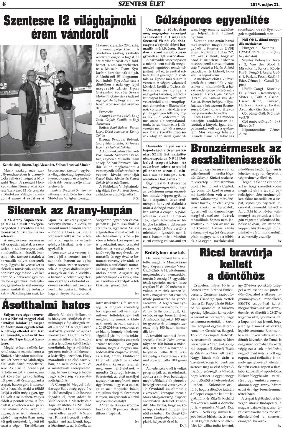 A szentesi Honkyokushin Nemzetközi Karate Szervezet 12 fõs csapata a Shidokan Világbajnokságon 4 arany, 4 ezüst és 4 bronzérmet szerzett, egyben a világbajnokság legeredményesebb csapata és a