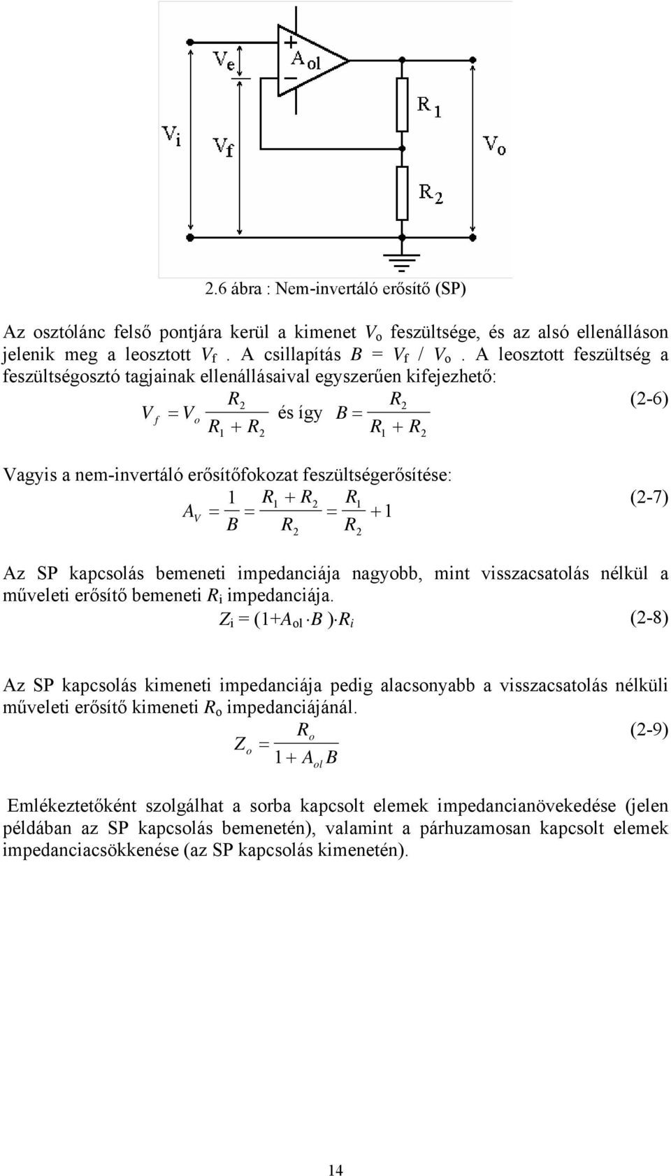 feszültségerősítése: A = 1 R R R V B = 1 + 2 1 = + 1 R R 2 2 (2-7) Az SP kapcsolás bemeneti impedanciája nagyobb, mint visszacsatolás nélkül a műveleti erősítő bemeneti R i impedanciája.