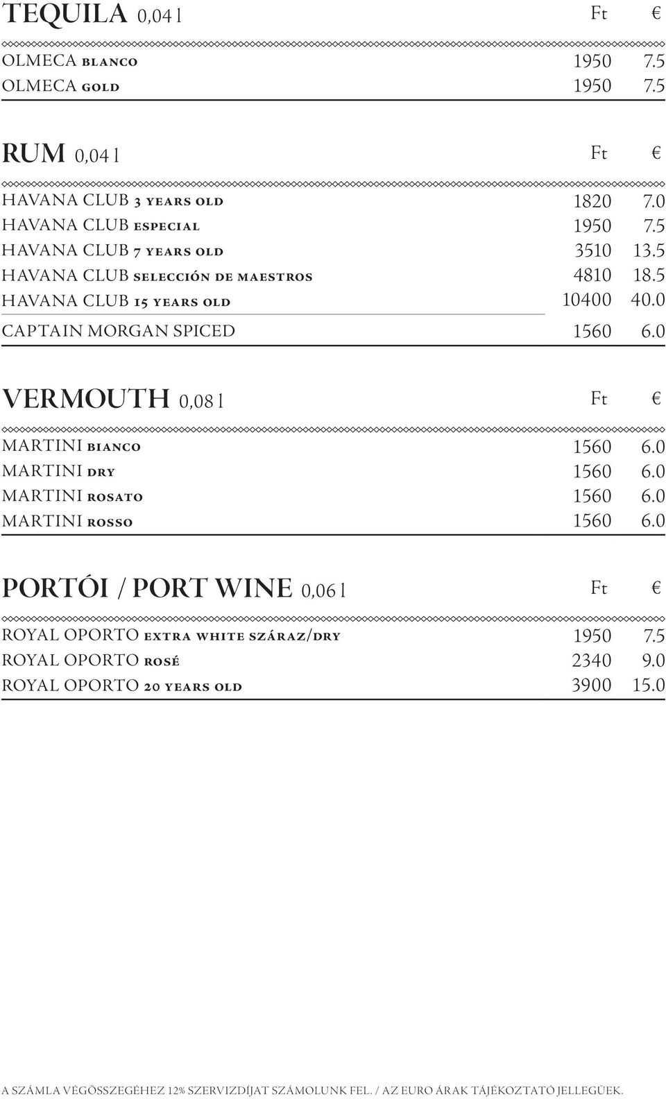 0 Captain Morgan Spiced Vermouth 0,08 l Ft Martini bianco Martini dry Martini rosato Martini rosso Portói / Port Wine 0,06 l Ft Royal