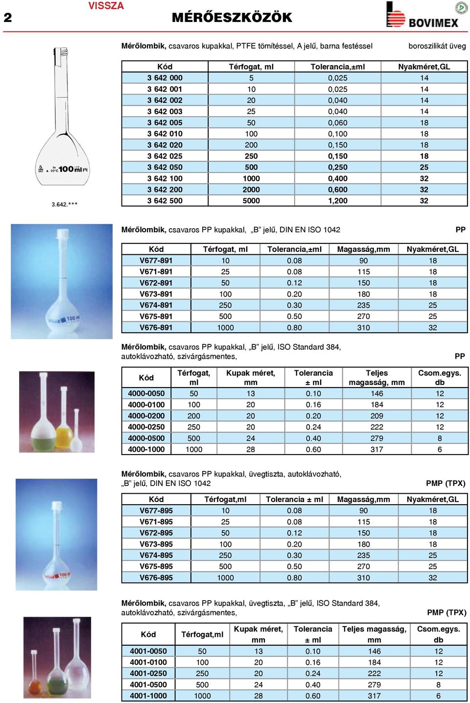 500 5000 1,200 32 Mérőlombik, csavaros PP kupakkal, B jelű, DIN EN ISO 1042 PP Térfogat, Tolerancia,± Magasság, Nyakméret,GL V677-891 10 0.08 90 18 V671-891 25 0.08 115 18 V672-891 50 0.