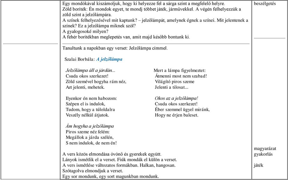 A fehér borítékban meglepetés van, amit majd később bontunk ki. beszélgetés Tanultunk a napokban egy verset: Jelzőlámpa címmel. Szalai Borbála: A jelzőlámpa Jelzőlámpa áll a járdán.