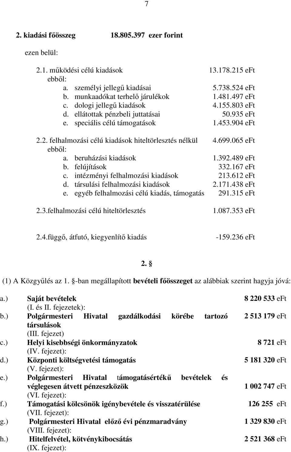 065 eft ebből: a. beruházási kiadások 1.392.489 eft b. felújítások 332.167 eft c. intézményi felhalmozási kiadások 213.612 eft d. társulási felhalmozási kiadások 2.171.438 eft e.