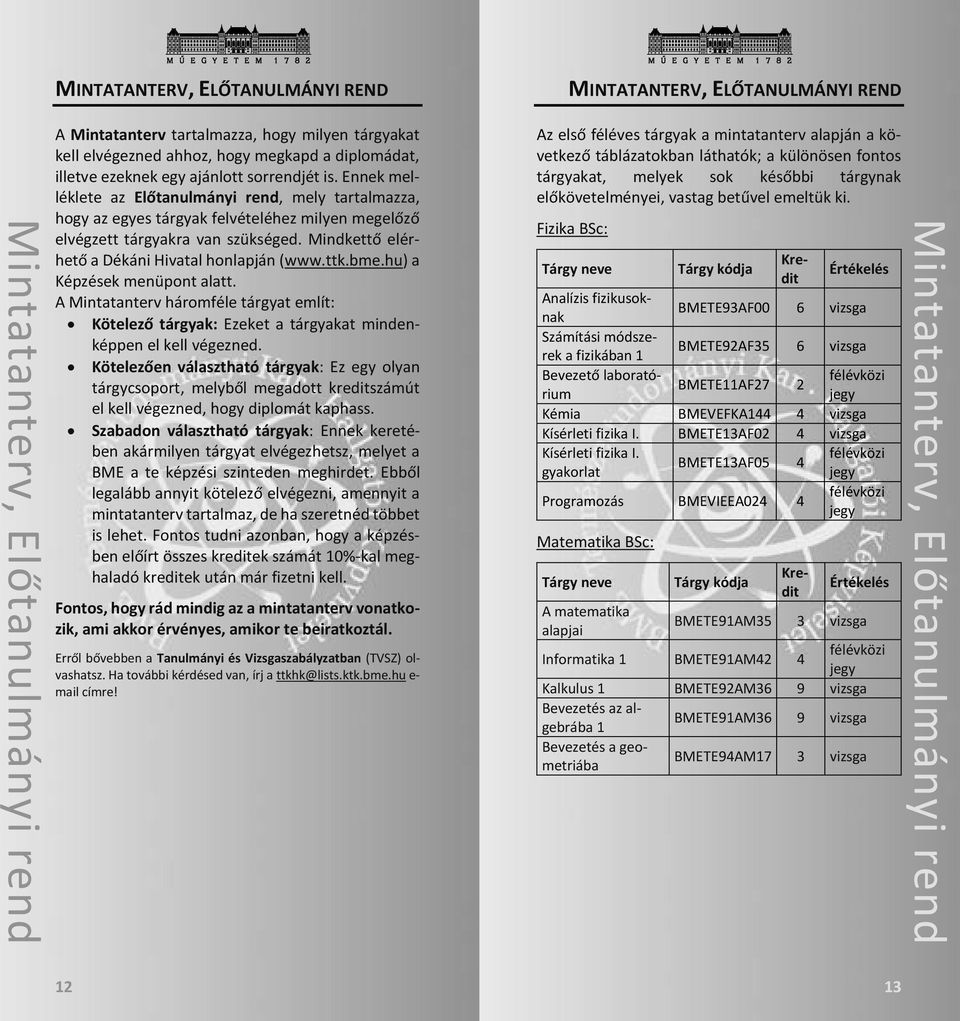 Mindkettő elérhető a Dékáni Hivatal honlapján (www.ttk.bme.hu) a Képzések menüpont alatt. A Mintatanterv háromféle tárgyat említ: Kötelező tárgyak: Ezeket a tárgyakat mindenképpen el kell végezned.
