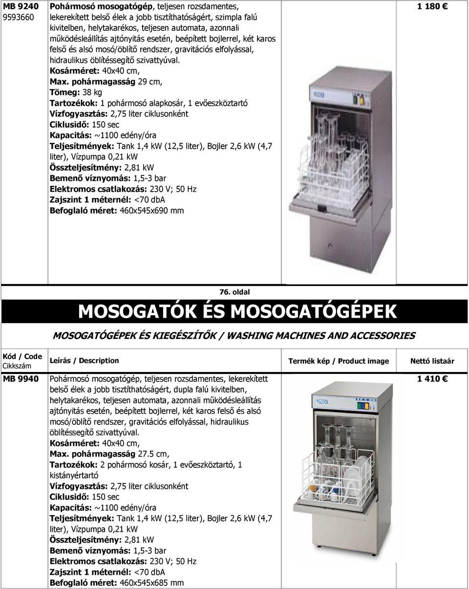 pohármagasság 29 cm, Tömeg: 38 kg Tartozékok: 1 pohármosó alapkosár, 1 evőeszköztartó Vízfogyasztás: 2,75 liter ciklusonként Ciklusidő: 150 sec Kapacitás: ~1100 edény/óra Teljesítmények: Tank 1,4 kw