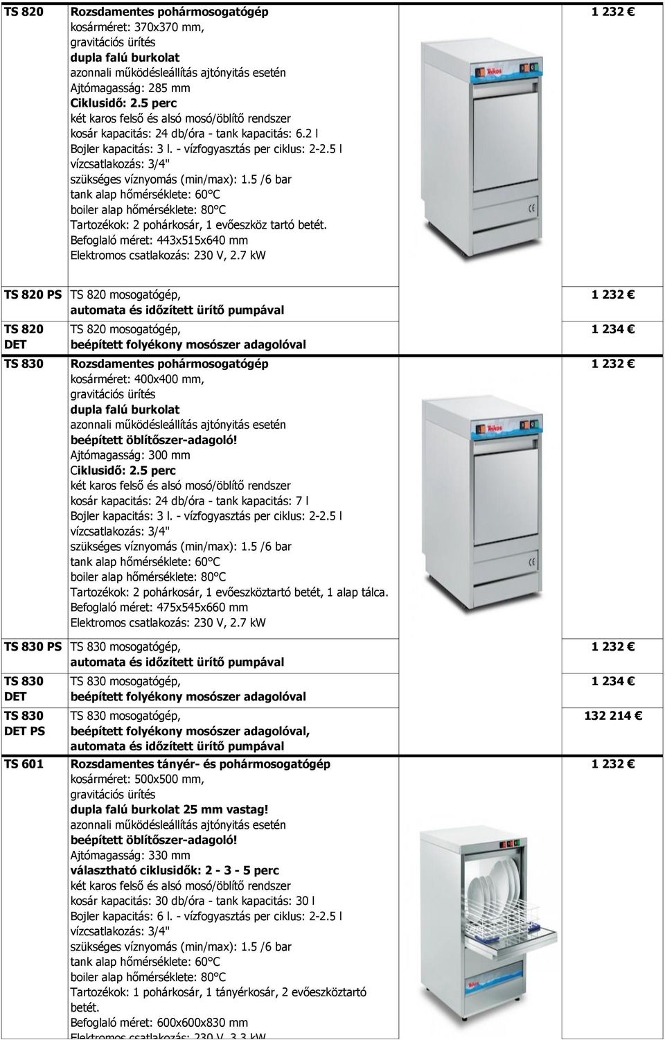 5 l vízcsatlakozás: 3/4" szükséges víznyomás (min/max): 1.5 /6 bar tank alap hőmérséklete: 60 C boiler alap hőmérséklete: 80 C Tartozékok: 2 pohárkosár, 1 evőeszköz tartó betét.