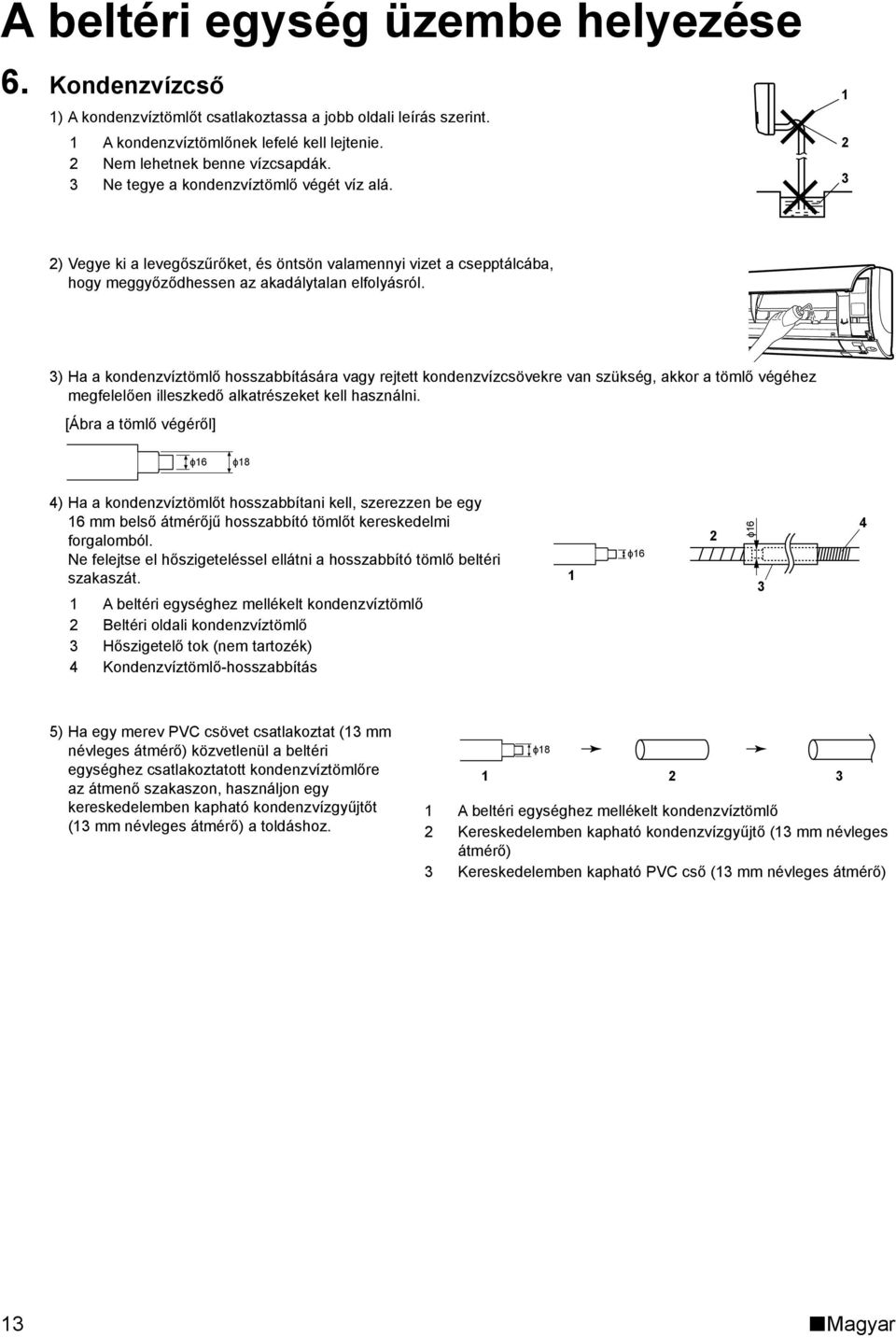 ) Ha a kondenzvíztömlő hosszabbítására vagy rejtett kondenzvízcsövekre van szükség, akkor a tömlő végéhez megfelelően illeszkedő alkatrészeket kell használni.