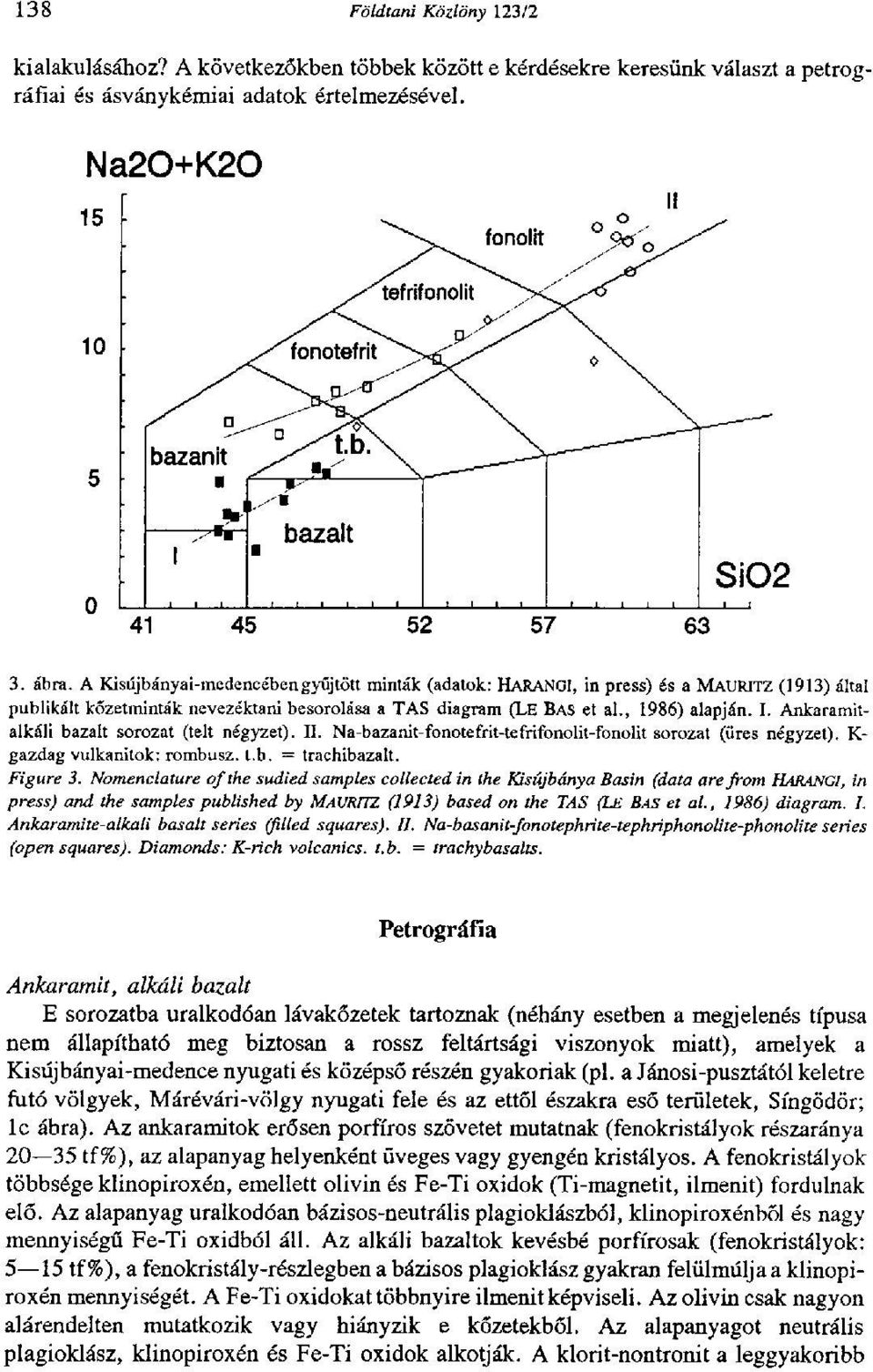 Ankaramitalkáli bazalt sorozat (telt négyzet). II. Na-bazanit-fonotefrit-tefrifonolit-fonolit sorozat (üres négyzet). K- gazdag vulkánitok: rombusz, t.b. = trachibazalt. Figure 3.