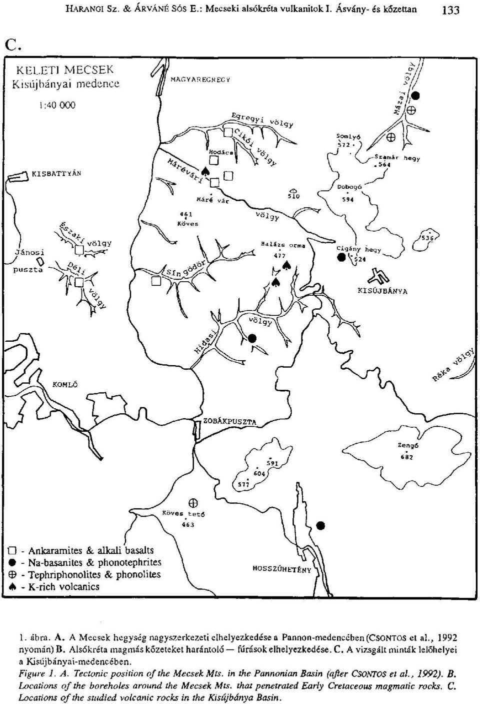 Alsókréta magmás kőzeteket harántoló fúrások elhelyezkedése. C. A vizsgált minták lelőhelyei a Kisújbányai-medencében. Figure 1. A. Tectonic position of the Mecsek Mts.