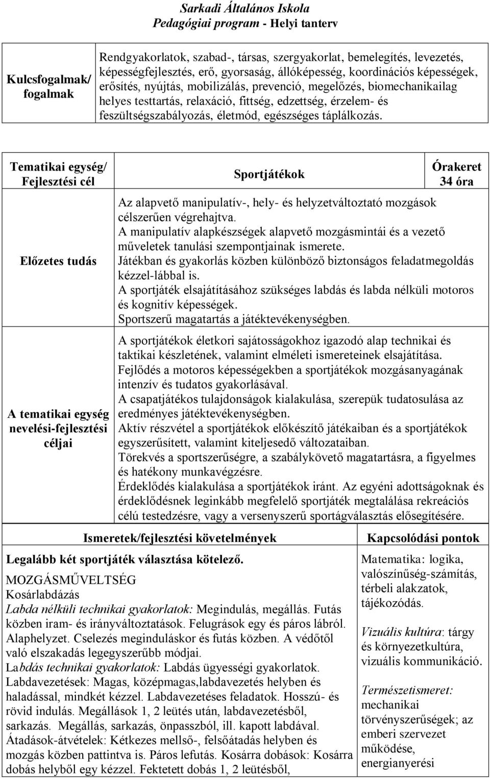 Tematikai egység/ Fejlesztési cél Előzetes tudás A tematikai egység nevelési-fejlesztési céljai Sportjátékok Órakeret 34 óra Az alapvető manipulatív-, hely- és helyzetváltoztató mozgások célszerűen