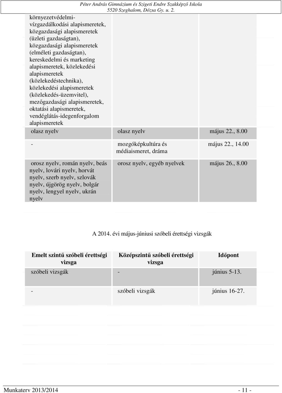 nyelv május 22., 8.00 - mozgóképkultúra és médiaismeret, dráma május 22., 14.