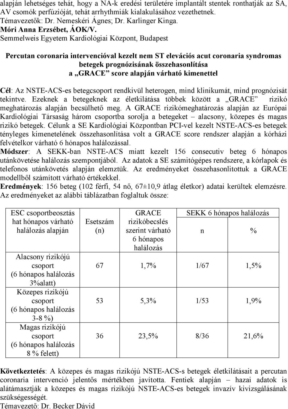 Semmelweis Egyetem Kardiológiai Központ, Budapest Percutan coronaria intervencióval kezelt nem ST elevációs acut coronaria syndromas betegek prognózisának összehasonlítása a GRACE score alapján