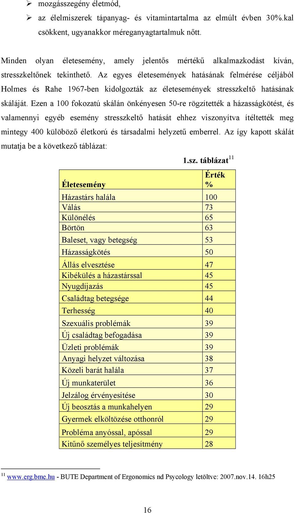 Az egyes életesemények hatásának felmérése céljából Holmes és Rahe 1967-ben kidolgozták az életesemények stresszkeltő hatásának skáláját.