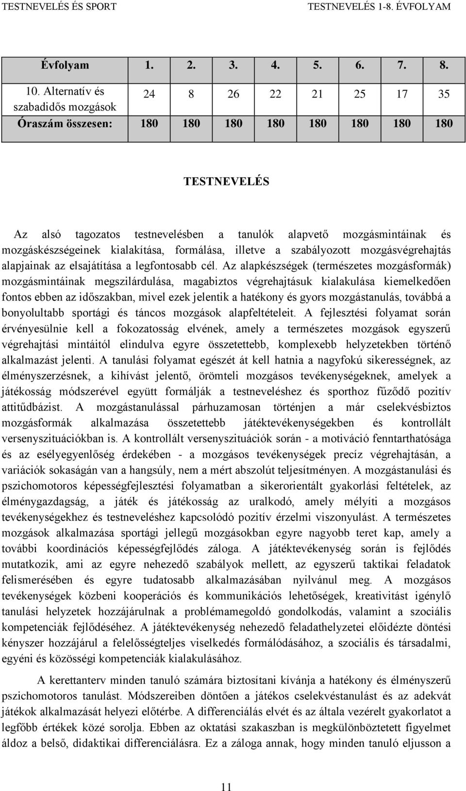 mozgáskészségeinek kialakítása, formálása, illetve a szabályozott mozgásvégrehajtás alapjainak az elsajátítása a legfontosabb cél.