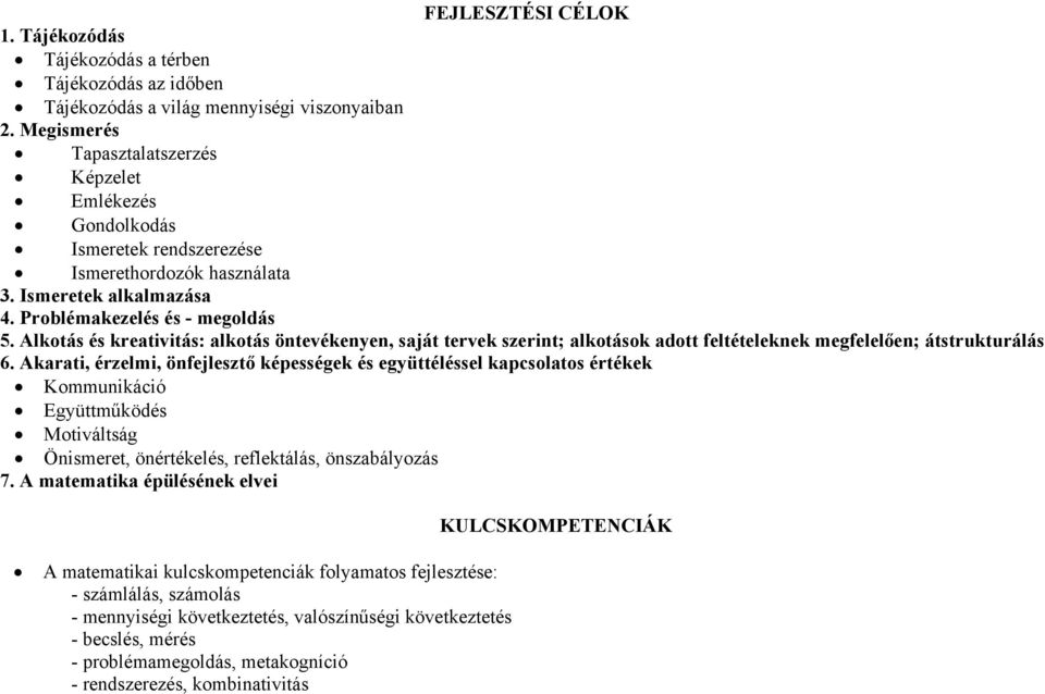 Alkotás és kreativitás: alkotás öntevékenyen, saját tervek szerint; alkotások adott feltételeknek megfelelően; átstrukturálás 6.