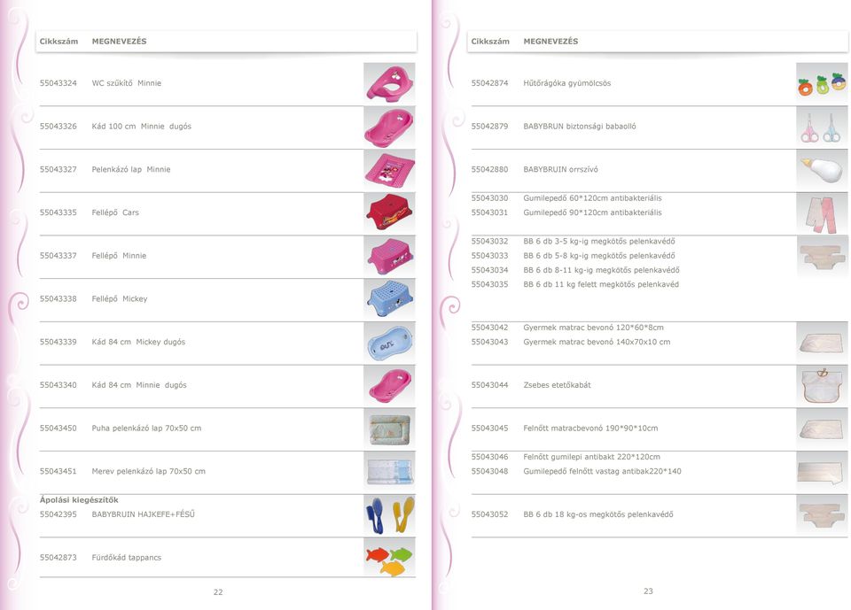 kg-ig megkötős pelenkavédő 55043034 BB 6 db 8-11 kg-ig megkötős pelenkavédő 55043035 BB 6 db 11 kg felett megkötős pelenkavéd 55043338 Fellépő Mickey 55043042 Gyermek matrac bevonó 120*60*8cm