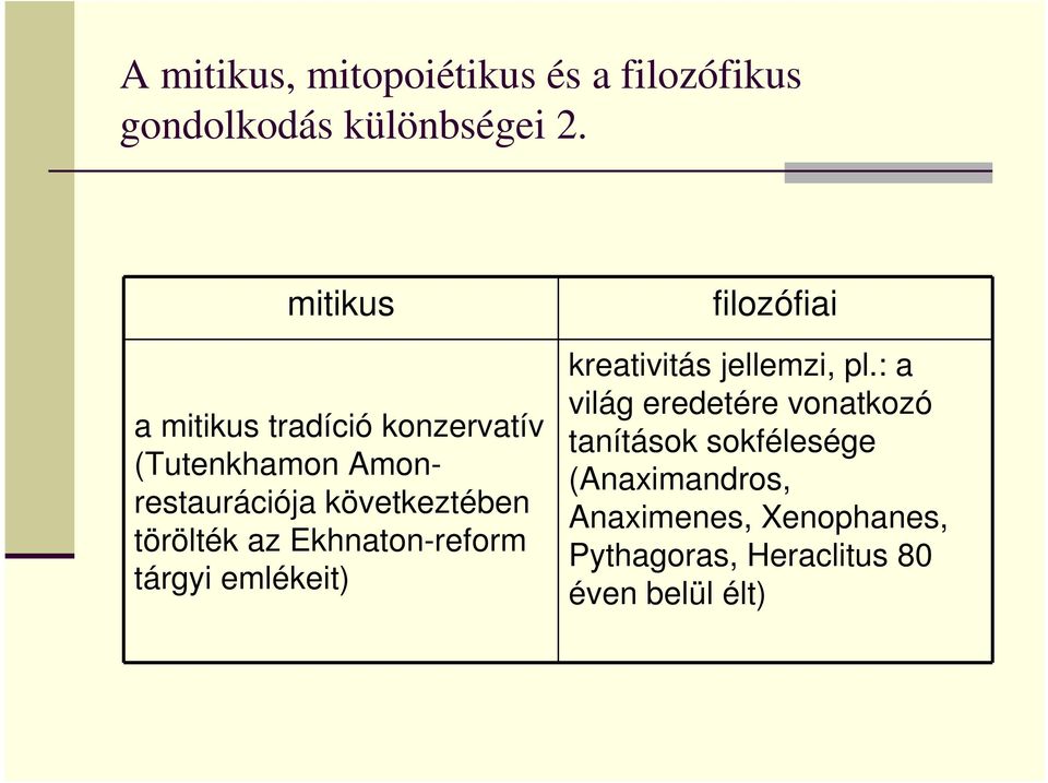 törölték az Ekhnaton-reform tárgyi emlékeit) filozófiai kreativitás jellemzi, pl.