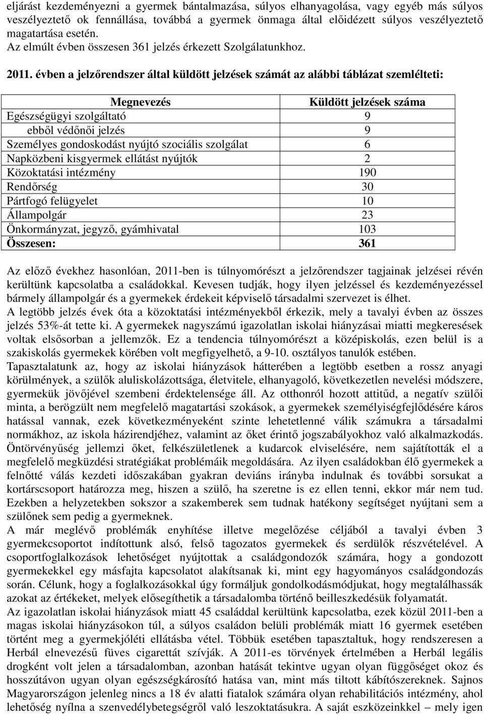 évben a jelzırendszer által küldött jelzések számát az alábbi táblázat szemlélteti: Megnevezés Küldött jelzések száma Egészségügyi szolgáltató 9 ebbıl védınıi jelzés 9 Személyes gondoskodást nyújtó