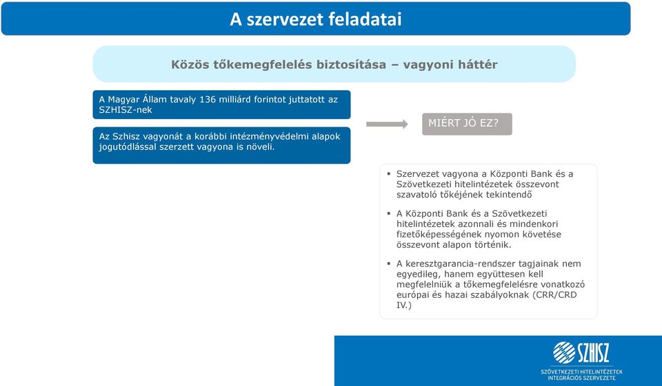 Szervezet vagyona a Központi Bank és a Szövetkezeti hitelintézetek összevont szavatoló tőkéjének tekintendő A Központi Bank és a Szövetkezeti hitelintézetek