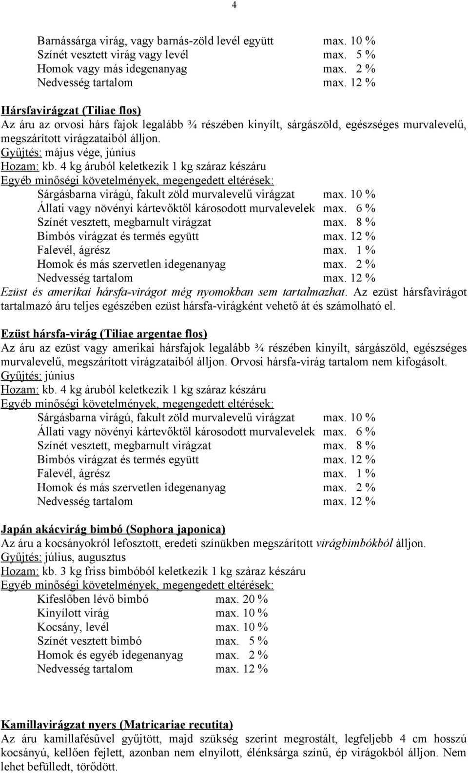 4 kg áruból keletkezik 1 kg száraz készáru Sárgásbarna virágú, fakult zöld murvalevelű virágzat max. 10 % Állati vagy növényi kártevőktől károsodott murvalevelek max.