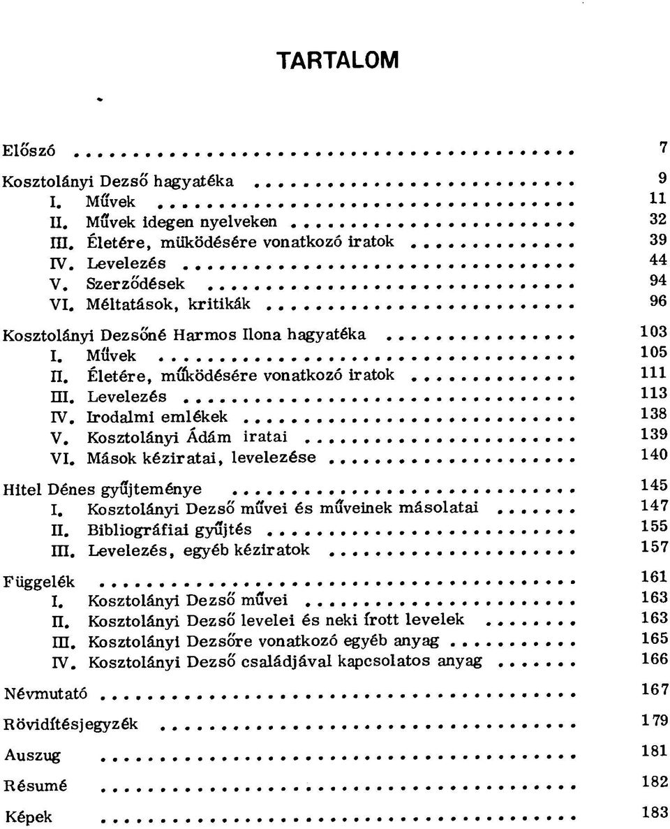 Kosztolányi Ádám iratai 139 VI. Mások kéziratai, levelezése 140 Hitel Dénes gyűjteménye 145 I. Kosztolányi Dezső művei és műveinek másolatai 147 II. Bibliográfiai gyűjtés 155 III.