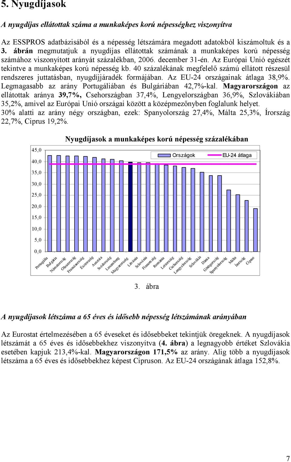 Az Európai Unió egészét tekintve a munkaképes korú népesség kb. 40 százalékának megfelelı számú ellátott részesül rendszeres juttatásban, nyugdíjjáradék formájában. Az EU-24 országainak átlaga 38,9%.