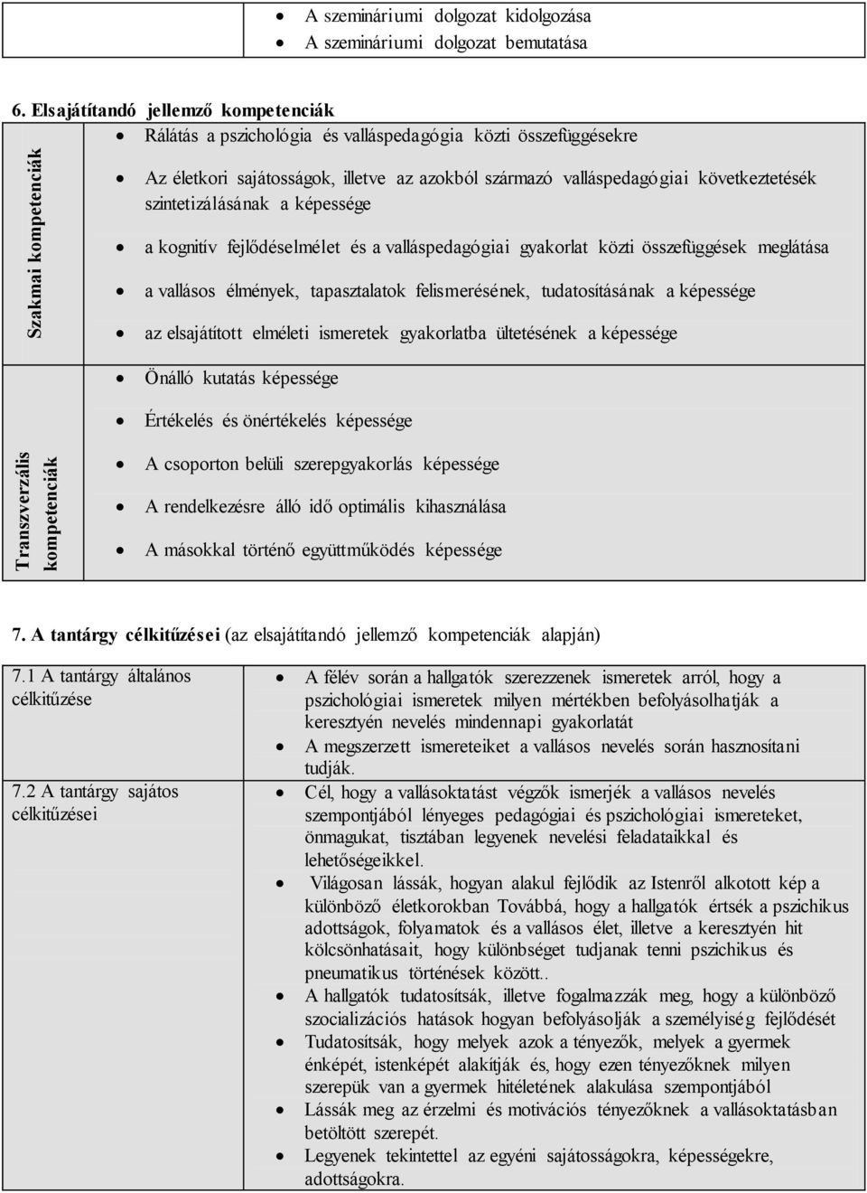 szintetizálásának a képessége a kognitív fejlődéselmélet és a valláspedagógiai gyakorlat közti összefüggések meglátása a vallásos élmények, tapasztalatok felismerésének, tudatosításának a képessége