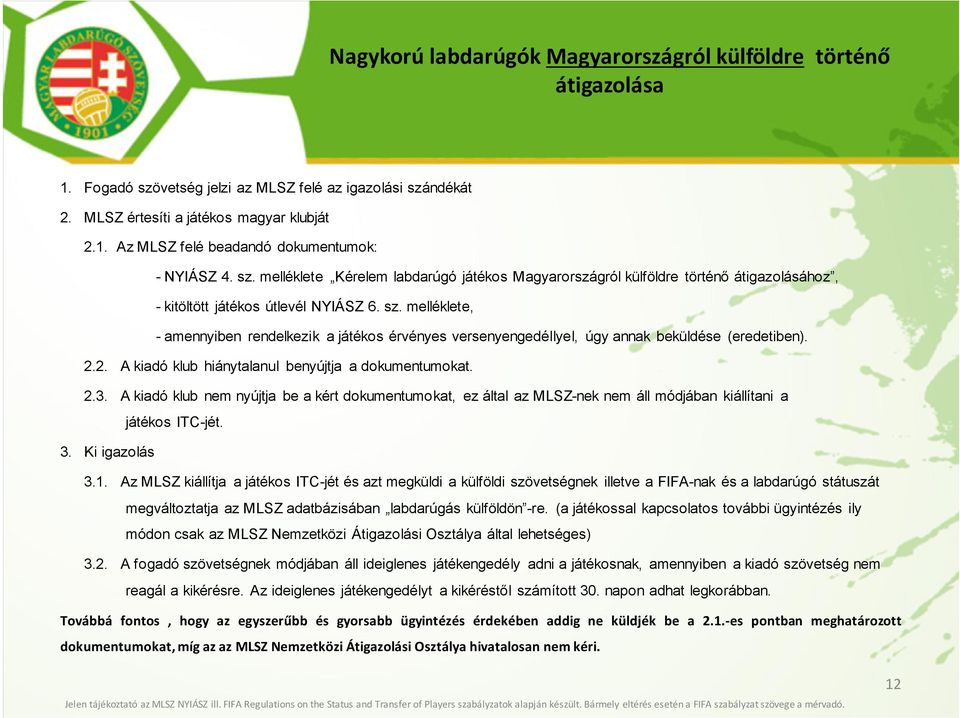 melléklete, - amennyiben rendelkezik a játékos érvényes versenyengedéllyel, úgy annak beküldése (eredetiben). 2.2. A kiadó klub hiánytalanul benyújtja a dokumentumokat. 2.3.