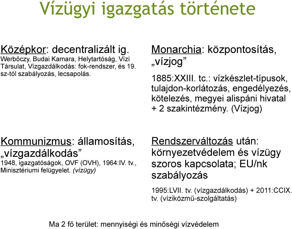 : vízkészlet-típusok, tulajdon-korlátozás, engedélyezés, kötelezés, megyei alispáni hivatal + 2 szakintézmény.