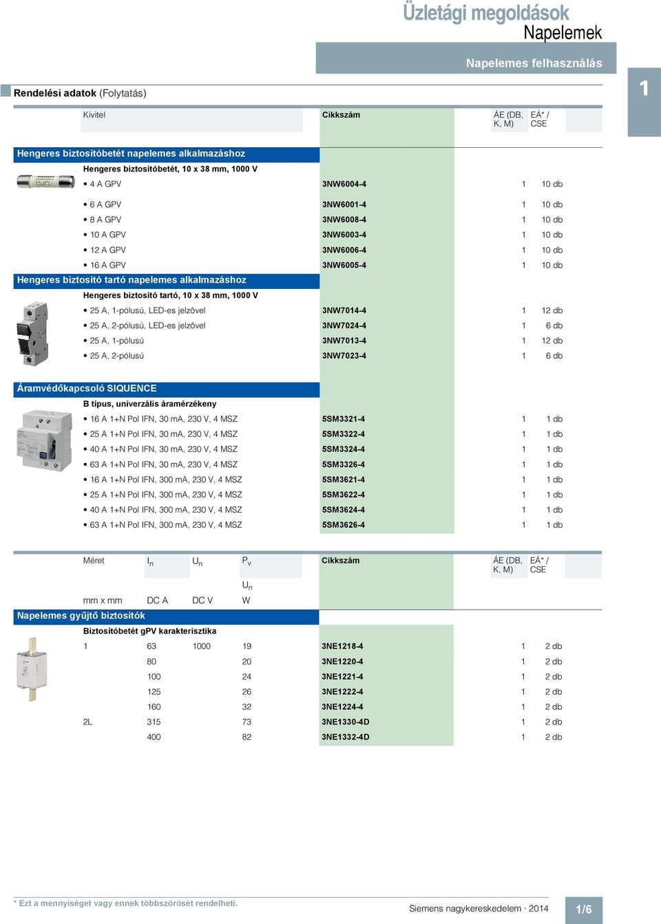 napelemes alkalmazáshoz Hengeres biztosító tartó, 10 x 38 mm, 1000 V 25 A, 1-pólusú, LED-es jelzővel 3NW7014-4 1 12 db 25 A, 2-pólusú, LED-es jelzővel 3NW7024-4 1 6 db 25 A, 1-pólusú 3NW7013-4 1 12