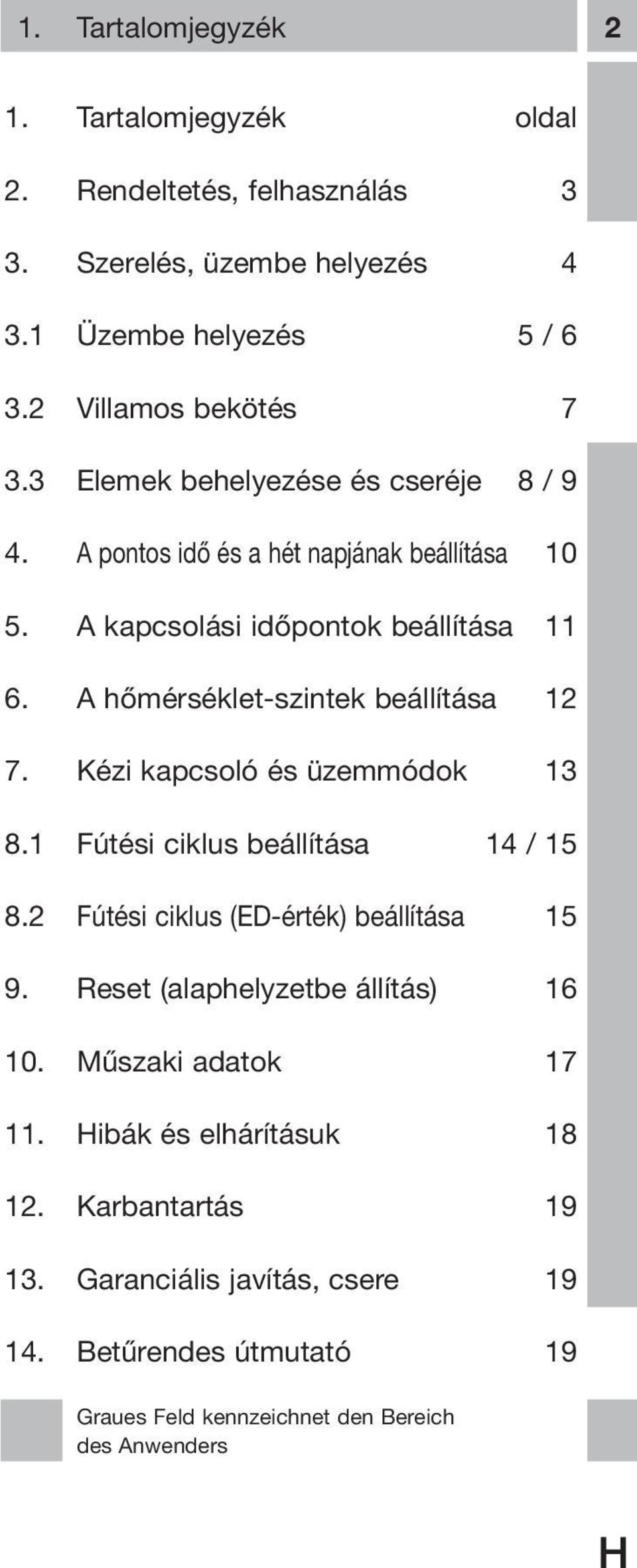 A hőmérséklet-szintek beállítása 12 7. Kézi kapcsoló és üzemmódok 13 8.1 Fútési ciklus beállítása 14 / 15 8.2 Fútési ciklus (ED-érték) beállítása 15 9.