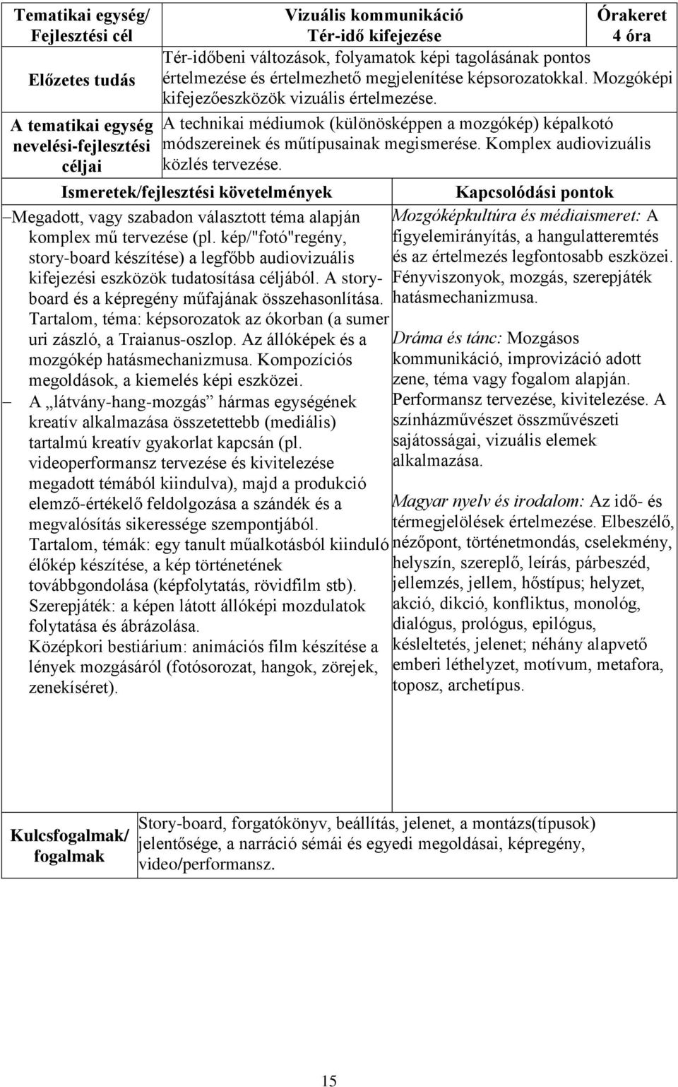 A technikai médiumok (különösképpen a mozgókép) képalkotó módszereinek és műtípusainak megismerése. Komplex audiovizuális közlés tervezése.