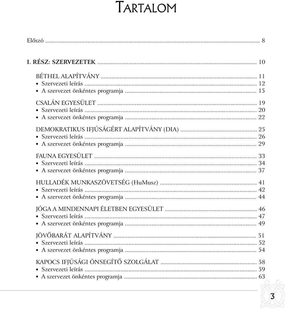 .. 34 A szervezet önkéntes programja... 37 HULLADÉK MUNKASZÖVETSÉG (HuMusz)... 41 Szervezeti leírás... 42 A szervezet önkéntes programja... 44 JÓGA A MINDENNAPI ÉLETBEN EGYESÜLET.