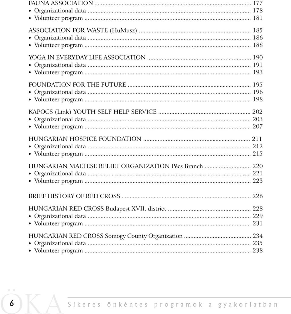 .. 202 Organizational data... 203 Volunteer program... 207 HUNGARIAN HOSPICE FOUNDATION... 211 Organizational data... 212 Volunteer program... 215 HUNGARIAN MALTESE RELIEF ORGANIZATION Pécs Branch.