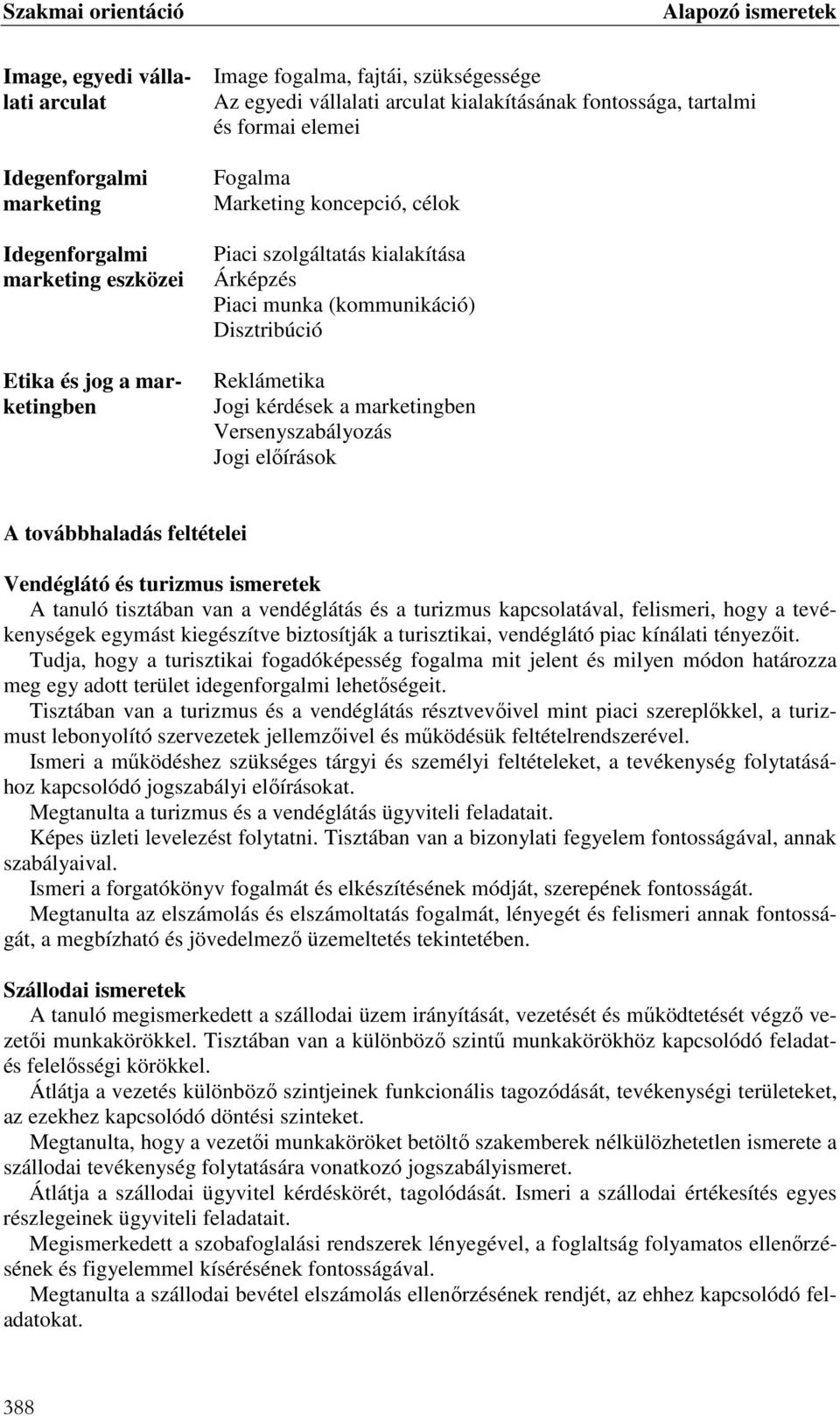 Versenyszabályozás Jogi előírások A továbbhaladás feltételei Vendéglátó és turizmus ismeretek A tanuló tisztában van a vendéglátás és a turizmus kapcsolatával, felismeri, hogy a tevékenységek egymást