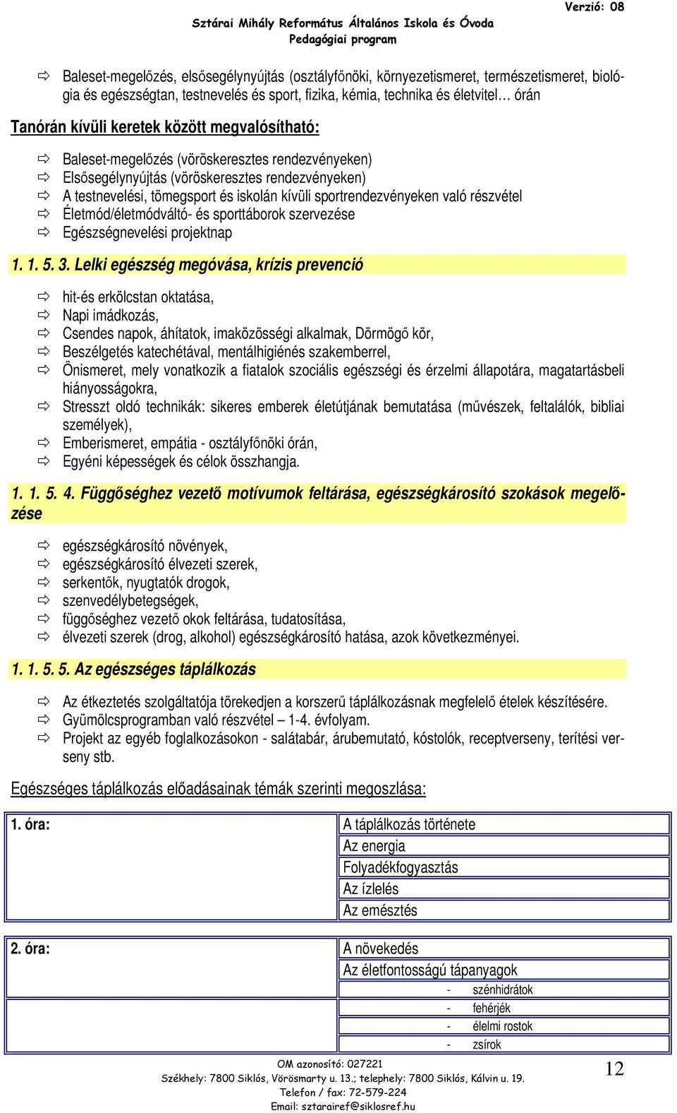 testnevelési, tömegsprt és isklán kívüli sprtrendezvényeken való részvétel Életmód/életmódváltó- és sprttábrk szervezése Egészségnevelési prjektnap 1. 1. 5. 3.